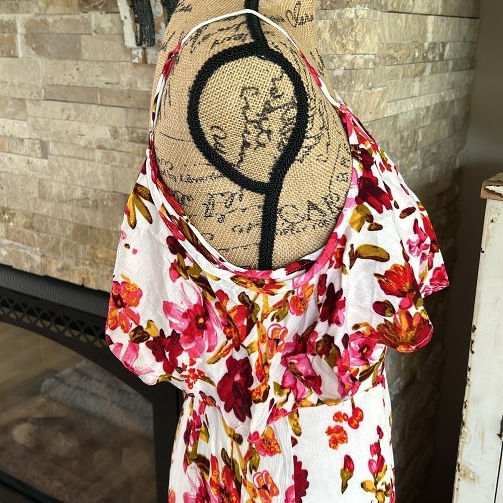 Bluivy Dreaming of Roses wrap front maxi dress pink white cold shoulder rayon - Picture 10 of 14